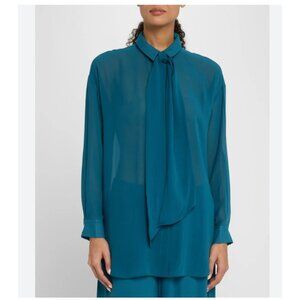 Eileen Fisher Tie Neck Tunic Shirt Womens XS Blue Sheer Button Blouse Top